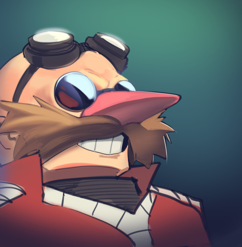 1boy boa_(brianoa) dr._eggman facial_hair goggles goggles_on_head green_background highres male_focus mustache portrait simple_background smile solo sonic_the_hedgehog sunglasses