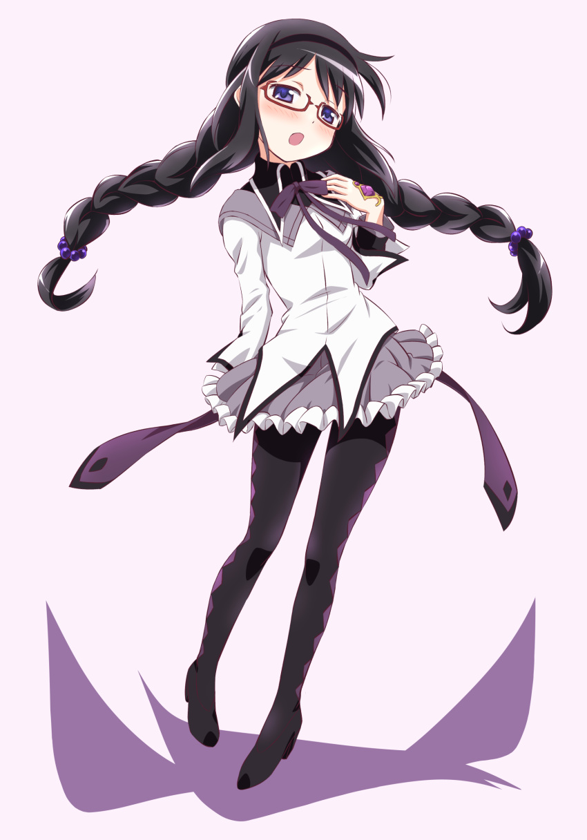 1girl absurdres akemi_homura black_hair boots braid capelet glasses hairband hand_on_own_chest highres inoue_kouji long_hair long_sleeves looking_at_viewer magia_record:_mahou_shoujo_madoka_magica_gaiden magical_girl mahou_shoujo_madoka_magica open_mouth pantyhose skirt solo twin_braids violet_eyes