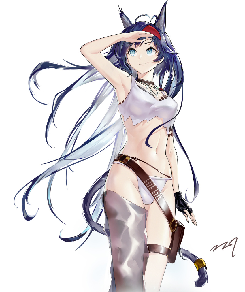 1girl absurdres animal_ears antenna_hair arknights arm_up armpits bangs bare_arms bare_shoulders belt bikini black_gloves blaze_(arknights) blue_eyes blue_hair breasts cat_ears cat_tail commentary_request cowboy_shot fingerless_gloves gloves groin hairband highres long_hair medium_breasts navel red_hairband simple_background single_glove smile solo standing stomach swimsuit tail thighs very_long_hair white_background white_bikini zzq