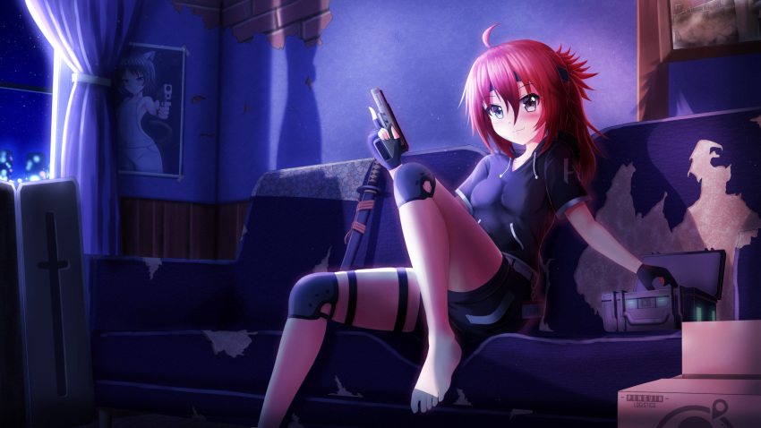 1girl barefoot black_headband black_shirt black_shorts blush box breasts brick_wall cardboard_box closed_mouth commentary commission couch curtains drawstring english_commentary feet_out_of_frame grey_eyes gun headband highres holding holding_gun holding_weapon indoors katana knee_pads knee_up long_hair looking_at_viewer night on_couch original prophosphere redhead sheath sheathed shirt short_shorts short_sleeves shorts sitting small_breasts smile solo sword weapon window
