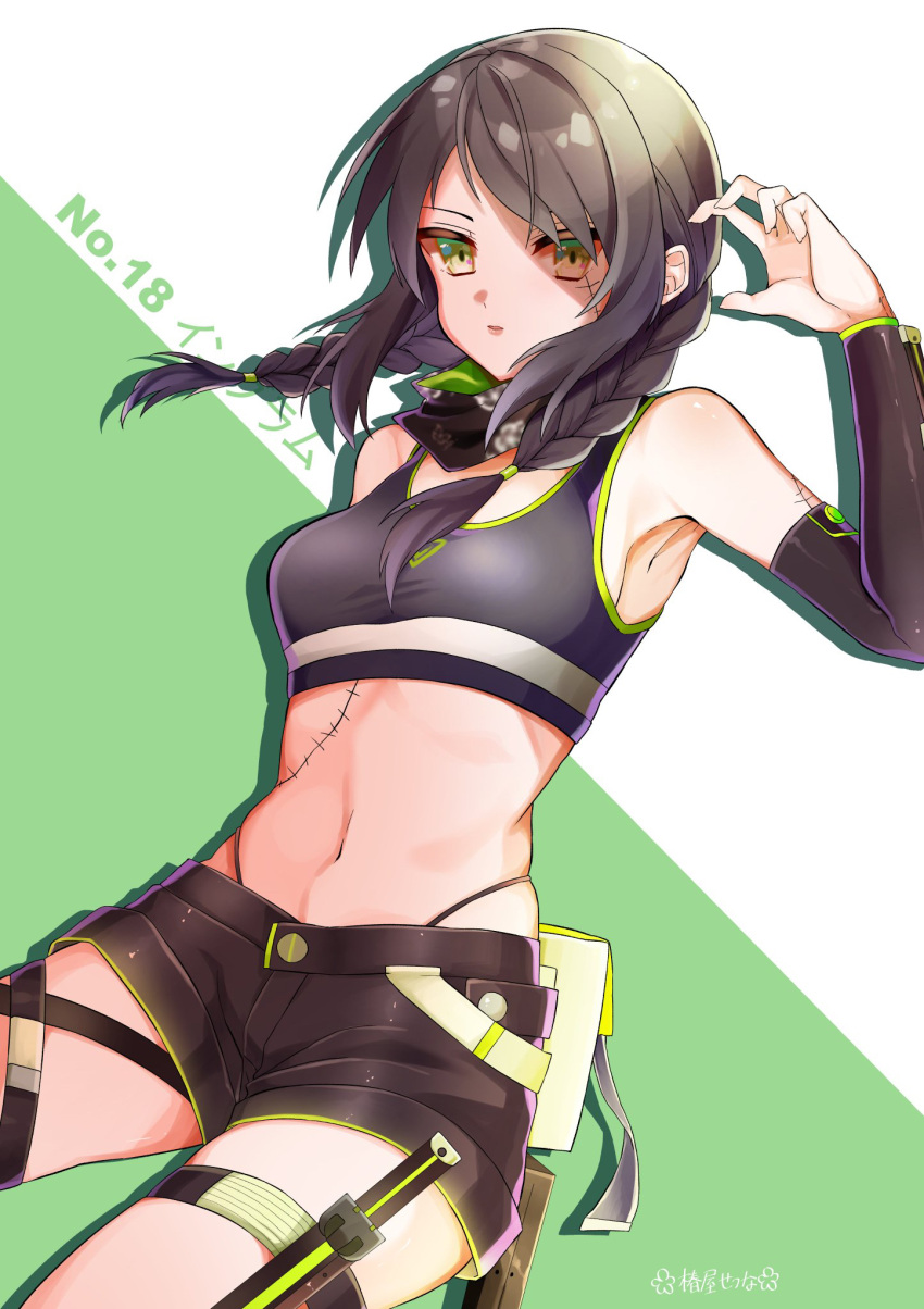 1girl arm_behind_back arm_sheath bandana belt belt_pouch black_hair black_shorts braid breasts character_name cowboy_shot crop_top detached_sleeves fingernails girls_frontline green_background green_eyes green_trim hair_over_one_eye hand_up highres knife_holster long_hair looking_at_viewer low_twintails mac-10_(girls_frontline) midriff navel parted_lips pouch shorts simple_background small_breasts solo stitches thigh_sheath thigh_strap thong tied_hair translation_request tsurime twin_braids twintails white_background yukito118