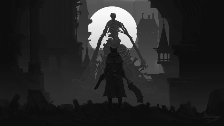 2others ambiguous_gender belt bloodborne building capelet cityscape coat commentary copyright_name corpse creature facing_away greyscale gun hat highres holding holding_gun holding_weapon hunter_(bloodborne) looking_at_another monochrome monster moon multiple_others outdoors saw_cleaver scenery signature standing the_one_reborn tricorne tripdancer weapon