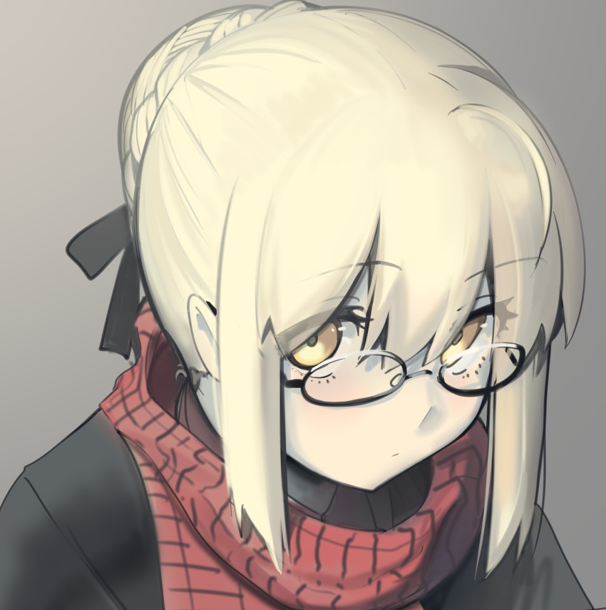 1girl artoria_pendragon_(all) black-framed_eyewear black_ribbon black_shirt blonde_hair blush boa_(brianoa) closed_mouth eyebrows_visible_through_hair fate/stay_night fate_(series) glasses grey_background hair_bun hair_ribbon highres looking_at_viewer mysterious_heroine_x_(alter) pale_skin portrait red_scarf ribbon scarf shirt simple_background solo yellow_eyes