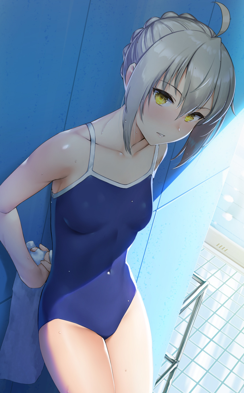 1girl artoria_pendragon_(all) competition_school_swimsuit fate/grand_order fate_(series) highres mysterious_heroine_x_(alter) nonderi one-piece_swimsuit pool school_swimsuit short_hair silver_hair solo swimsuit thighs yellow_eyes