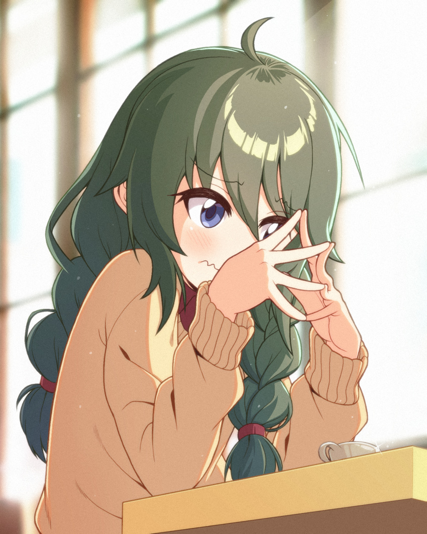 1girl ahoge bangs blue_eyes blurry blurry_background blush braid brown_sweater closed_mouth commentary_request cup depth_of_field embarrassed eyebrows_visible_through_hair fidgeting green_hair highres indoors long_hair long_sleeves looking_away looking_down princess_connect! princess_connect!_re:dive sizque solo sweater table teacup twin_braids upper_body wavy_mouth window yuni_(princess_connect!) yuni_(real)_(princess_connect!)