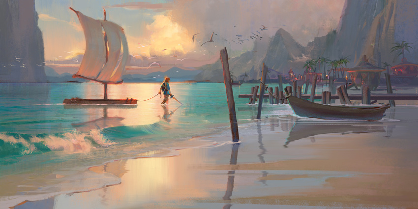 1boy animal beach bird blonde_hair blue_shirt clouds cloudy_sky commentary day holding holding_sword holding_weapon house hylian_shield link long_sleeves mountainous_horizon ocean outdoors pixiescout pointy_ears raft sail scenery shirt short_over_long_sleeves short_sleeves sky solo sword the_legend_of_zelda the_legend_of_zelda:_breath_of_the_wild torn wading water weapon