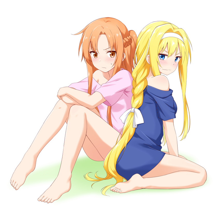 2girls absurdres alice_zuberg asuna_(sao) bare_legs bare_shoulders barefoot blonde_hair blue_dress blue_eyes brown_eyes brown_hair dress feet felutiahime hairband highres long_hair multiple_girls no_pants pink_dress ponytail simple_background sword_art_online sword_art_online:_alicization white_hairband