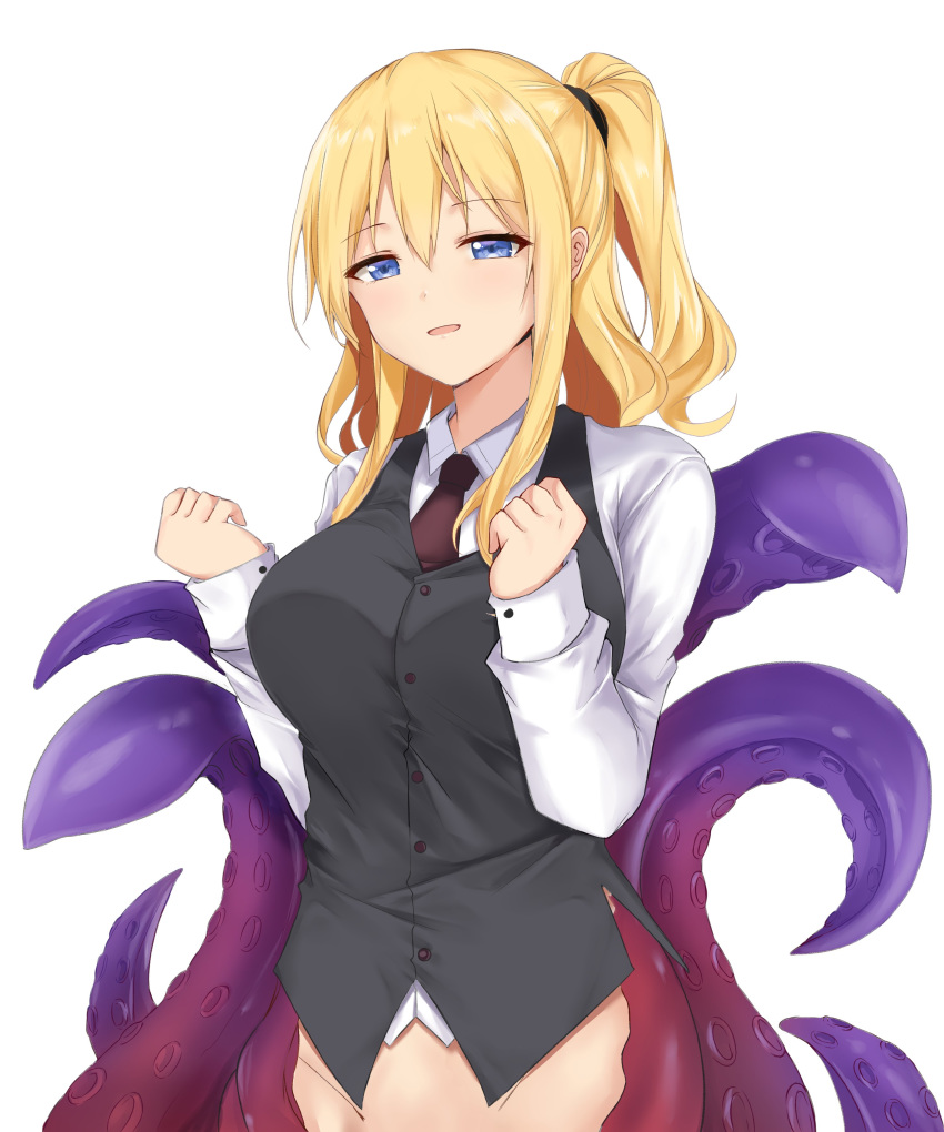 1girl absurdres black_vest blonde_hair blue_eyes breasts buttons clenched_hands collared_shirt dinosaurus_(azimangasaurus) existence eyebrows_visible_through_hair game_cg hair_between_eyes half-closed_eyes hands_up highres large_breasts long_hair long_sleeves looking_at_viewer monster_girl necktie nell_(existence) open_mouth ponytail scylla shirt side_ponytail sidelocks simple_background solo standing suction_cups tentacles vest white_background white_shirt wing_collar