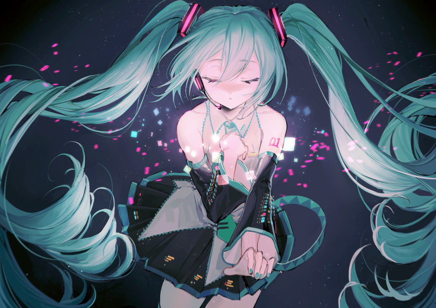 1girl absurdly_long_hair aisarenakute_mo_kimi_ga_iru_(vocaloid) aqua_hair aqua_nails aqua_neckwear bare_shoulders black_background black_skirt black_sleeves commentary cowboy_shot detached_sleeves facing_viewer floating_hair glowing grey_shirt hair_ornament hand_on_own_chest hatsune_miku headphones headset highres light_particles long_hair miniskirt nail_polish necktie outstretched_arm pleated_skirt reaching_out rumoon_cocoa shirt shoulder_tattoo skindentation skirt sleeveless sleeveless_shirt solo tattoo thigh-highs twintails very_long_hair vocaloid