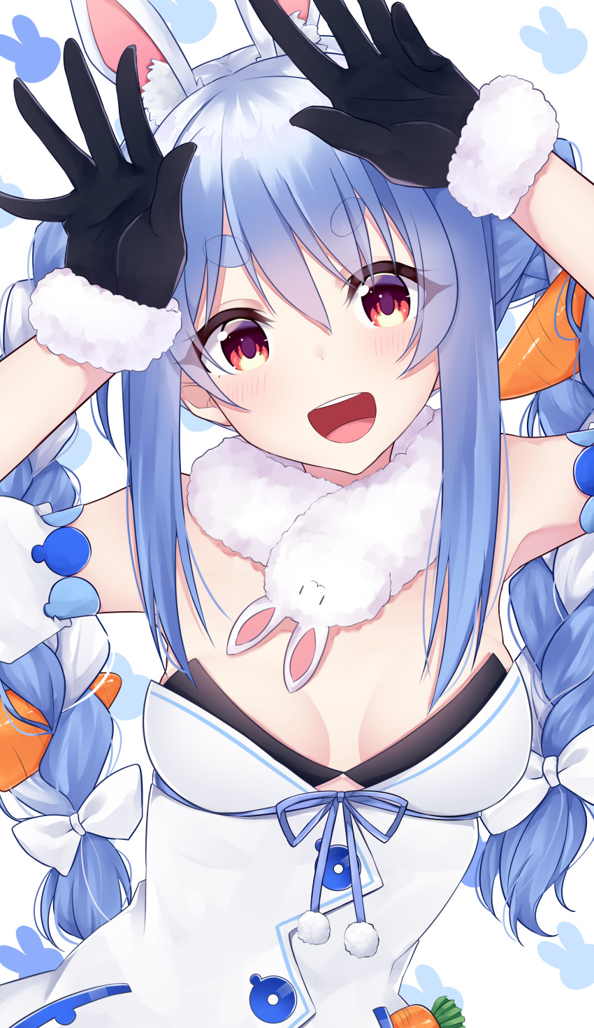 1girl :d absurdres animal_ear_fluff animal_ears animal_print black_gloves blue_hair bow braid breasts bunny_pose bunny_print carrot_hair_ornament don-chan_(usada_pekora) eyebrows_visible_through_hair eyes_visible_through_hair food_themed_hair_ornament fur_trim gloves hair_bow hair_ornament harukasu_(mememememo) highres hololive long_hair looking_at_viewer multicolored_hair open_mouth rabbit_ears simple_background small_breasts smile solo strapless thick_eyebrows tongue twin_braids two-tone_hair upper_body upper_teeth usada_pekora virtual_youtuber white_hair