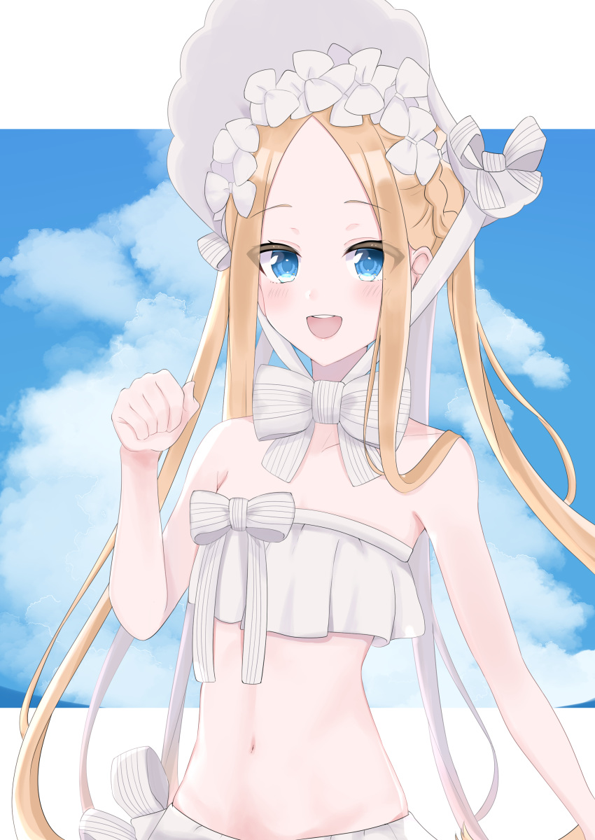 1girl abigail_williams_(fate/grand_order) abigail_williams_(swimsuit_foreigner)_(fate) absurdres bangs bare_shoulders bikini blonde_hair blue_eyes blue_sky blush bonnet bow braid breasts doctor_0927 fate/grand_order fate_(series) forehead hair_rings highres long_hair looking_at_viewer multiple_bows navel open_mouth parted_bangs sidelocks sky small_breasts smile swimsuit twin_braids twintails white_bikini white_bow white_headwear