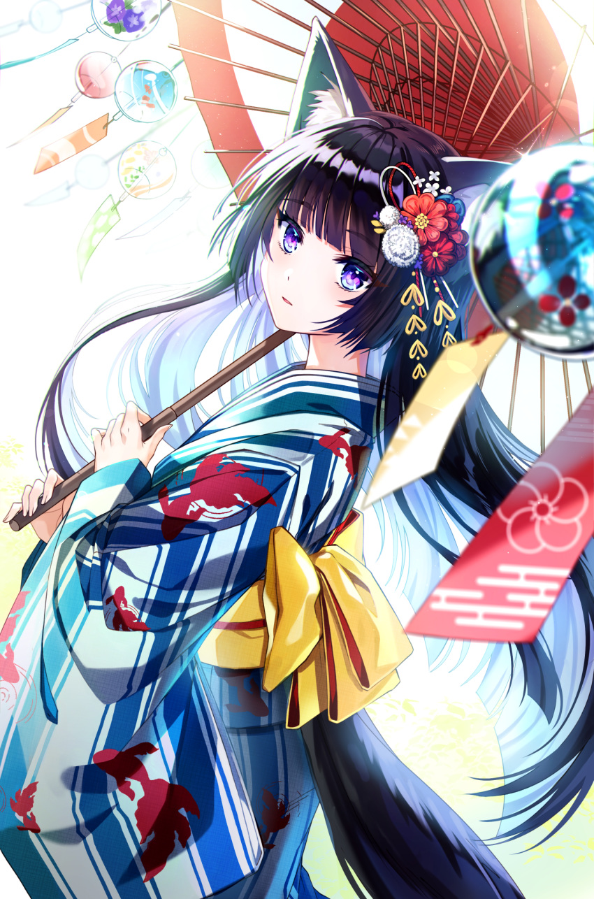 1girl animal_ear_fluff animal_ears back_bow bangs black_hair blue_kimono blunt_bangs bow commentary cowboy_shot eyebrows_visible_through_hair flower fox_ears fox_girl fox_tail from_side hair_flower hair_ornament highres holding holding_umbrella japanese_clothes kimono kiwi_(pixiv6429539) long_hair long_sleeves looking_at_viewer looking_to_the_side obi oriental_umbrella original parted_lips red_flower sash simple_background smile solo straight_hair striped striped_kimono tail umbrella very_long_hair violet_eyes white_background wide_sleeves wind_chime yellow_bow