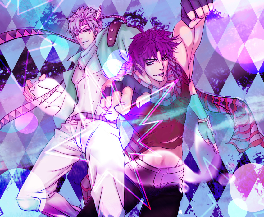 2boys absurdres aqua_jacket argyle argyle_background battle_tendency blonde_hair bubble caesar_anthonio_zeppeli crop_top facial_mark feathers fingerless_gloves gloves hair_feathers headband highres jacket jojo_no_kimyou_na_bouken joseph_joestar_(young) knee_pads male_focus midriff multiple_boys pointing pointing_at_viewer purple_hair purple_theme scar6105