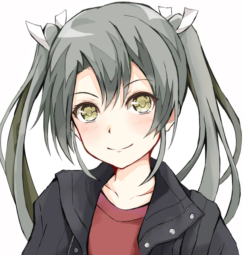 1girl alternate_costume black_jacket commentary_request dairyo3 grey_hair hair_ribbon highres jacket kantai_collection long_hair looking_at_viewer red_shirt ribbon shirt simple_background smile solo twintails upper_body white_background white_ribbon yellow_eyes zuikaku_(kantai_collection)