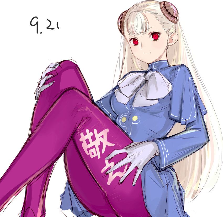 1girl albino blue_capelet breasts capcom_fighting_jam capelet commentary_request cravat dated hairpods highres ingrid legs_up long_hair looking_at_viewer pantyhose platinum_blonde_hair purple_legwear red_eyes sitting sketch small_breasts solo tetsu_(kimuchi) translation_request