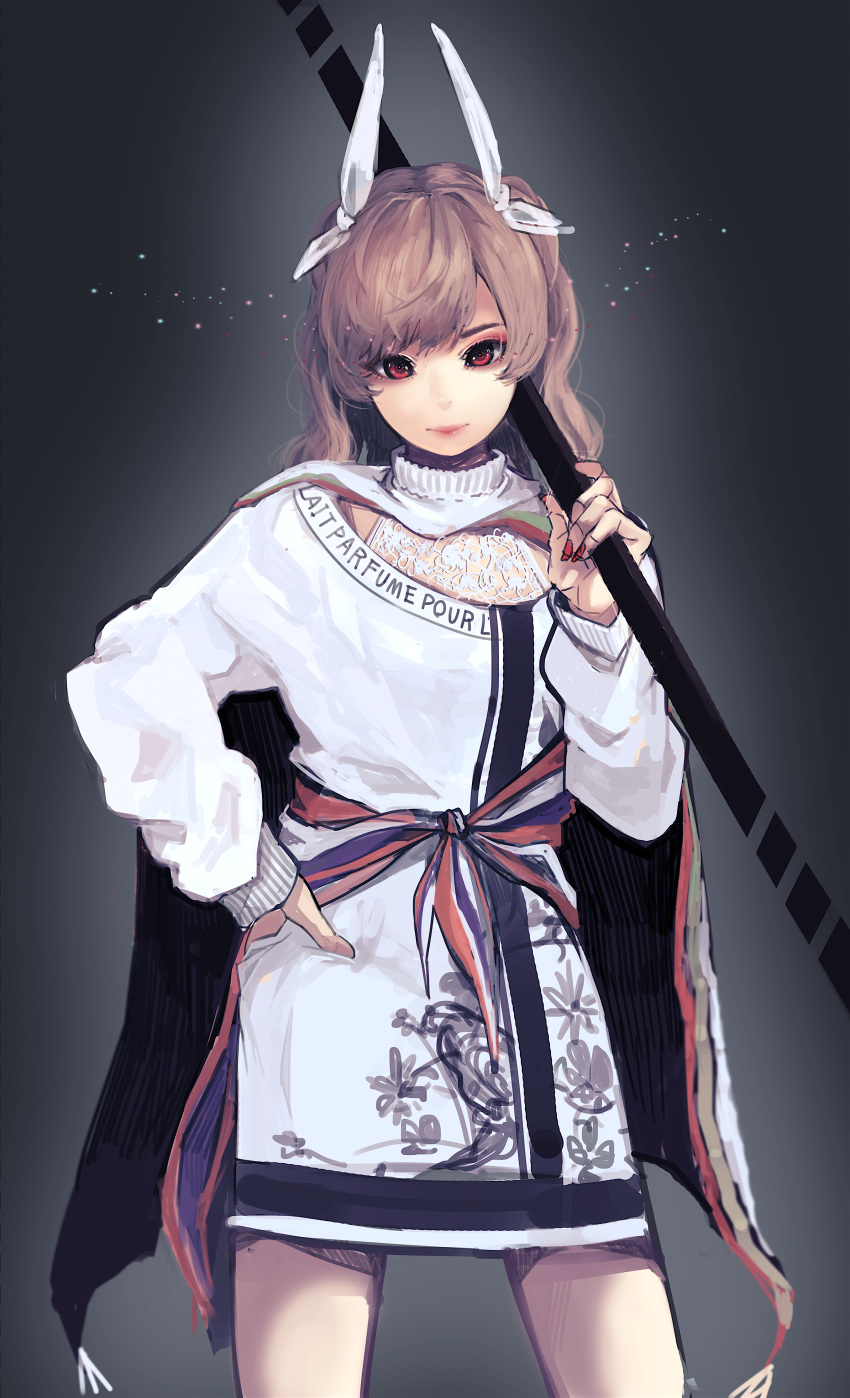 1girl absurdres bow brown_hair cape grey_background hair_bow hand_on_hip highres holding holding_staff looking_at_viewer original over_shoulder rakugaki_suruhito red_eyes solo staff white_bow