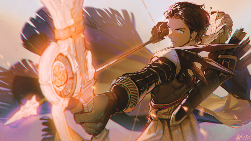 1boy aiming alzi_xiaomi arrow_(projectile) bangs beard black_gloves bow_(weapon) brown_hair claude_von_riegan ear_piercing earrings eyebrows facial_hair fire_emblem fire_emblem:_three_houses forehead gloves green_eyes highres holding holding_bow_(weapon) holding_weapon jewelry long_sleeves looking_at_viewer male_focus parted_lips piercing quiver signature simple_background smile solo standing upper_body weapon