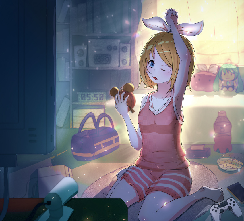 1girl alarm_clock arm_up armpits bag bangs barefoot blonde_hair blue_eyes book bookshelf bottle breasts character_doll chips clock collarbone commentary_request controller curtains food hair_ribbon handbag hatsune_miku highres holding_alarm_clock kagamine_rin lamp one_eye_closed open_mouth pillow pink_tank_top potato_chips ribbon sitting small_breasts solo spiel_(yfnw7477) stereo swept_bangs tank_top tears television tissue tissue_box toes vocaloid wariza