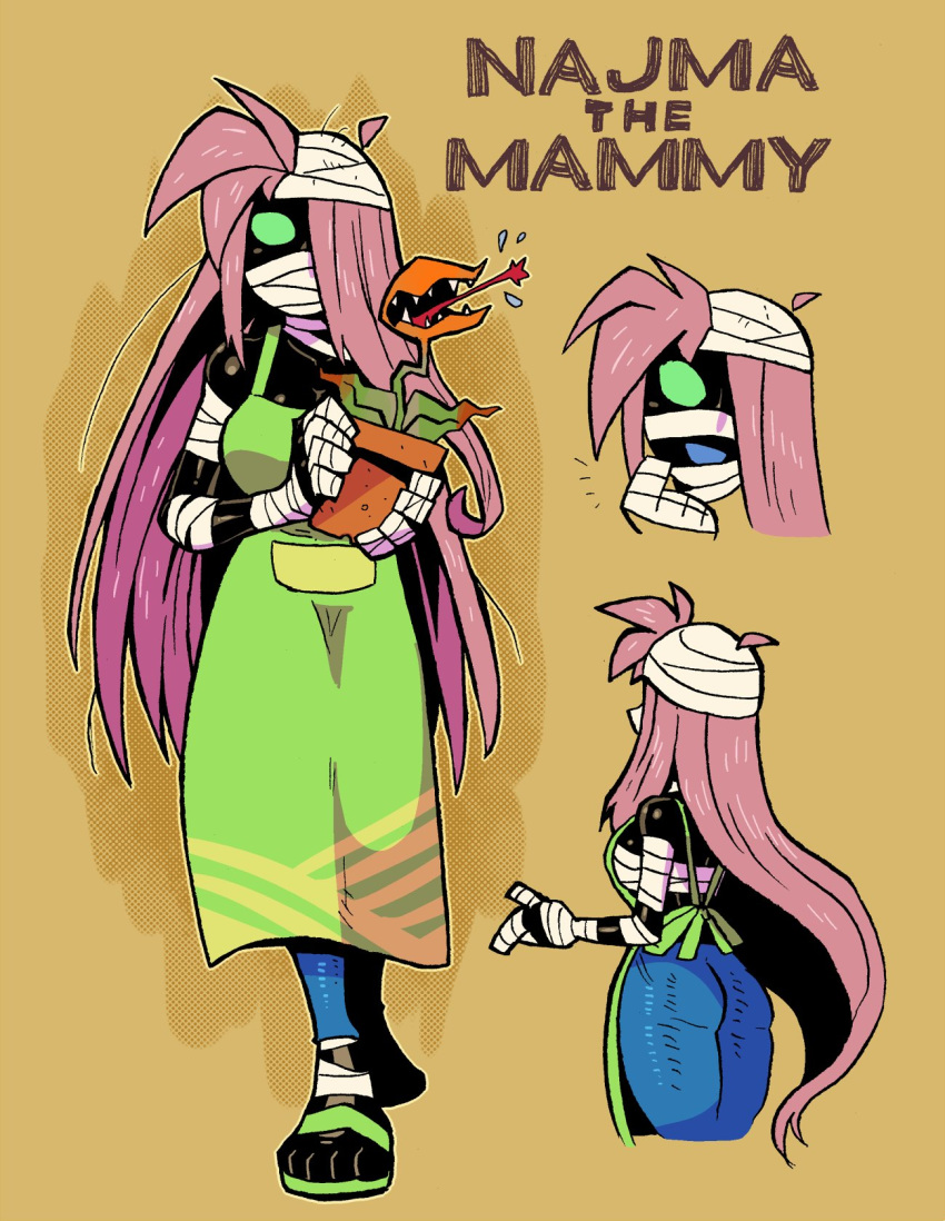 1girl :d apron ass bandaged_arm bandaged_head bandages black_skin blue_pants carnivorous_plant character_name covered_mouth denim green_apron green_eyes hair_over_one_eye highres holding jeans long_hair looking_at_viewer multiple_views mummy najma_(rariatto) one_eye_covered open_mouth original pants pink_hair plant potted_plant rariatto_(ganguri) sarashi smile standing