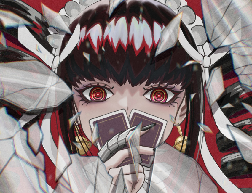 1girl bangs black_hair black_nails card celestia_ludenberg claw_ring danganronpa:_trigger_happy_havoc danganronpa_(series) drill_hair earrings gothic_lolita hair_ribbon hand_up highres holding holding_card jewelry lolita_fashion looking_at_viewer nail_polish red_background red_eyes ribbon shiny shiny_hair simple_background solo twin_drills twintails vegakirie white_ribbon