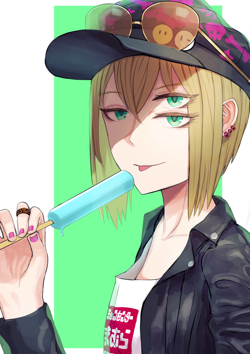 1girl :p absurdres baseball_cap black_headwear black_jacket blonde_hair clothes_writing earrings extra_eyes eyelashes eyewear_on_headwear fingernails food from_side gino green_eyes hat highres holding jacket jewelry looking_at_viewer looking_to_the_side medium_hair nail_polish orange-tinted_eyewear original popsicle purple_nails ring shirt smile solo sunglasses tongue tongue_out upper_body white_shirt