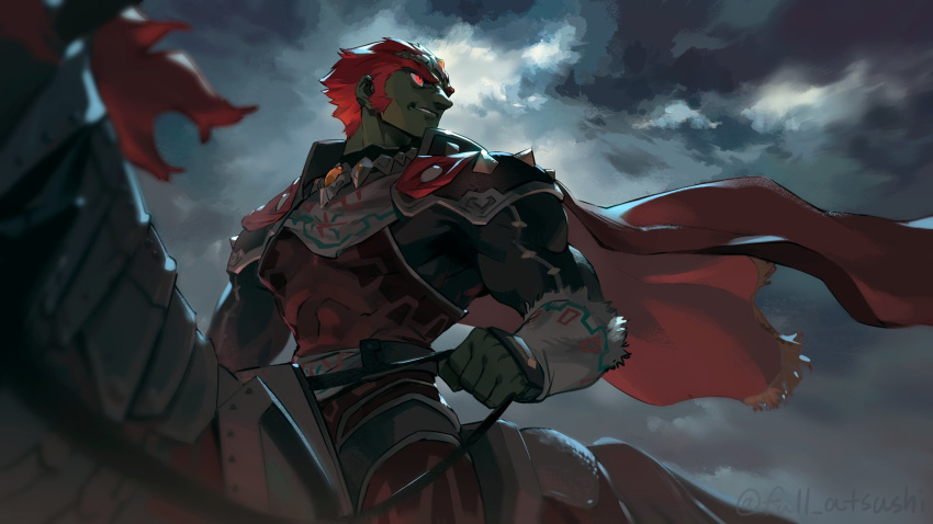1boy armor belt blanco026 blurry blurry_foreground cape clouds cloudy_sky commentary_request dark dark_skin depth_of_field frayed_clothes ganondorf glowing glowing_eyes grin headpiece highres holding holding_reins horse horseback_riding looking_away looking_to_the_side male_focus outdoors red_cape red_eyes redhead reins riding short_hair shoulder_armor sideburns signature sky smile solo_focus the_legend_of_zelda the_legend_of_zelda:_ocarina_of_time thick_eyebrows twitter_username very_short_hair