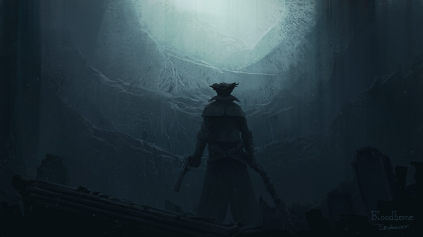 1other ambiguous_gender arms_at_sides axe bloodborne capelet cave coat commentary copyright_name facing_away from_behind gun hat highres holding holding_axe holding_gun holding_weapon hunter_(bloodborne) long_sleeves scenery signature solo tombstone tricorne tripdancer weapon