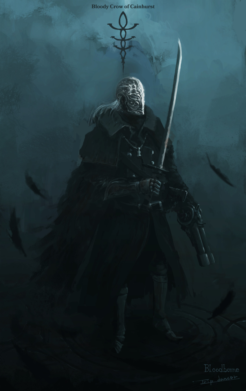 1boy artist_name black_coat black_footwear bloodborne bloody_crow_of_cainhurst boots coat commentary copyright_name feather-trimmed_coat feather_trim feathers grey_hair gun helm helmet highres holding holding_gun holding_sword holding_weapon jewelry long_hair male_focus necklace signature solo standing sword tripdancer weapon