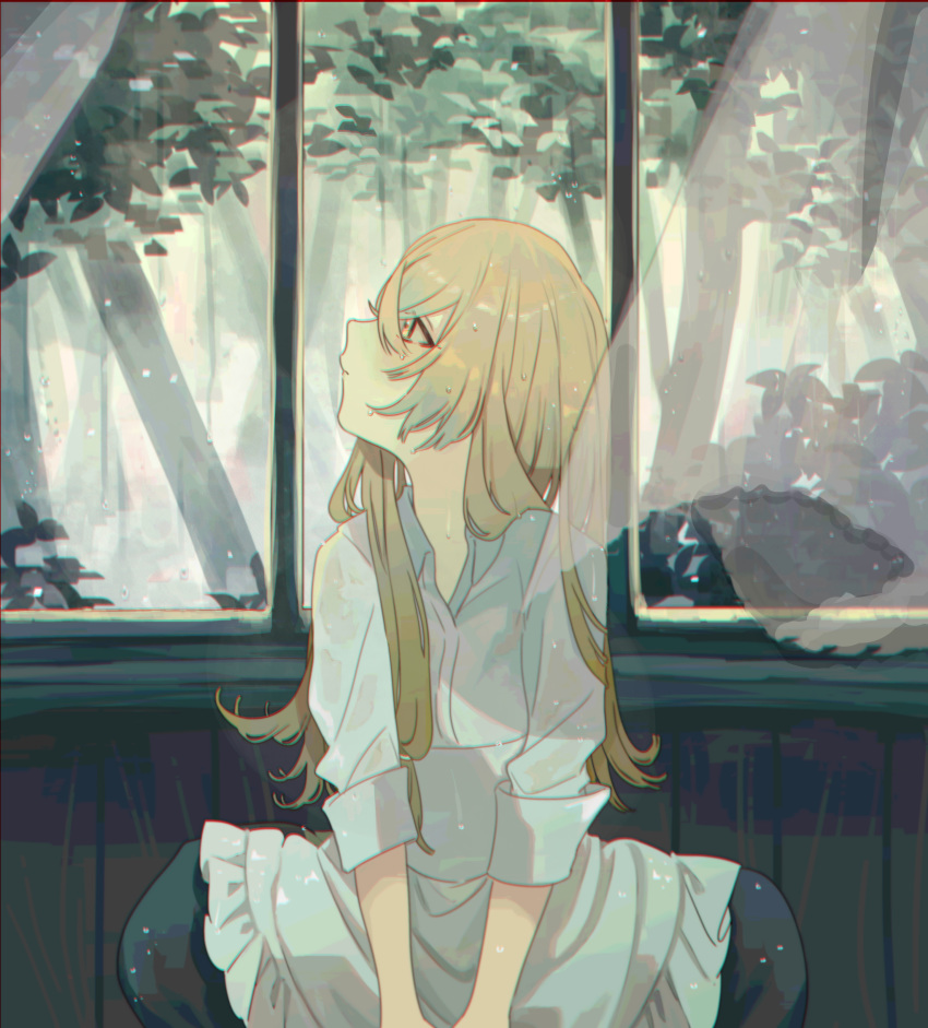 1girl absurdres apron black_skirt blonde_hair commentary_request curtains highres indoors kirisame_marisa long_hair long_sleeves looking_to_the_side no_hat no_headwear profile rain shirt skirt sleeves_rolled_up solo takushiima touhou tree upper_body waist_apron wet white_shirt window yellow_eyes