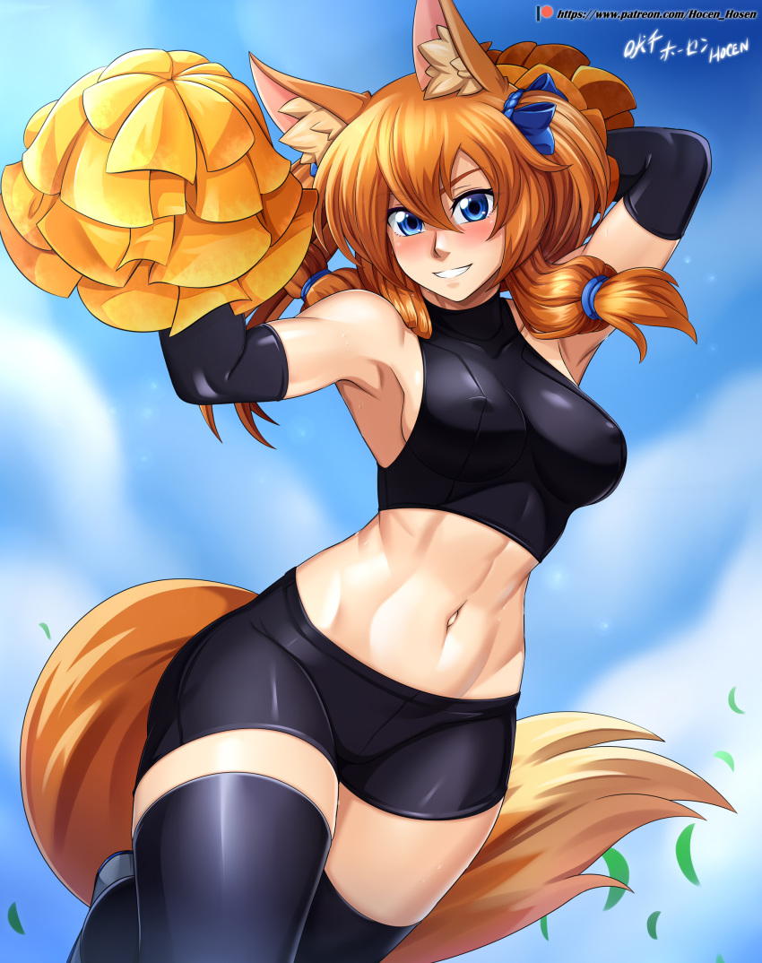 ! 1girl abs absurdres animal_ears armpits artist_name bare_shoulders bike_shorts blue_eyes blush breasts cheerleader commentary_request covered_collarbone covered_nipples elbow_gloves fox_ears fox_girl fox_tail gloves hair_between_eyes highres large_breasts looking_at_viewer midriff miniskirt navel orange_hair original patreon_username pom_pom_(clothes) skirt sleeveless smile solo tail teeth thigh-highs vilde_loh_hocen watermark web_address