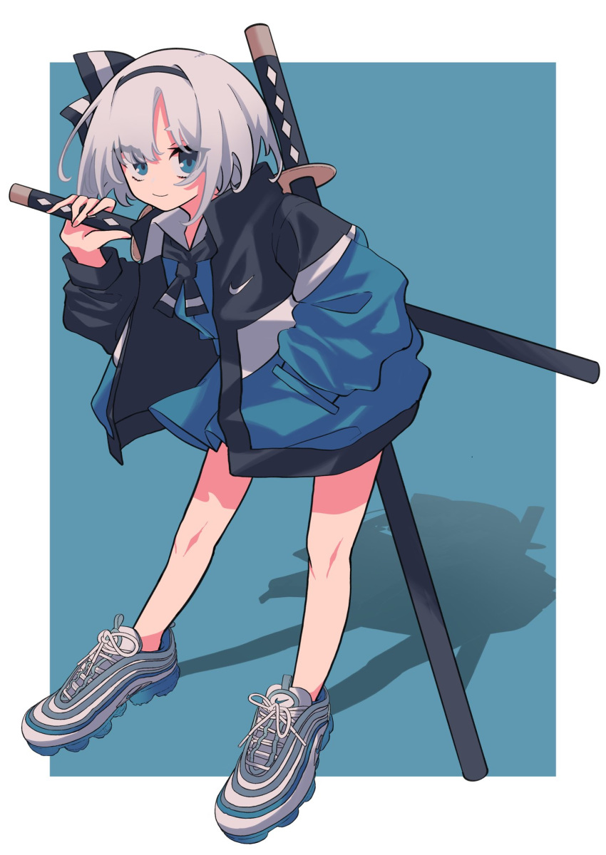 1girl ascot bangs black_border black_hairband black_neckwear blue_background blue_collar blue_dress blue_eyes blue_footwear bob_cut border bow closed_mouth collar commentary contemporary dress full_body hair_bow hairband hand_in_pocket hand_on_weapon highres jacket katana konpaku_youmu leaning_forward logo looking_at_viewer nike no_socks ootachi open_clothes open_jacket outside_border pleated_dress shadow shoes short_dress short_hair silver_hair smile sneakers solo standing straight-laced_footwear sword touhou tsumaseu weapon weapon_on_back