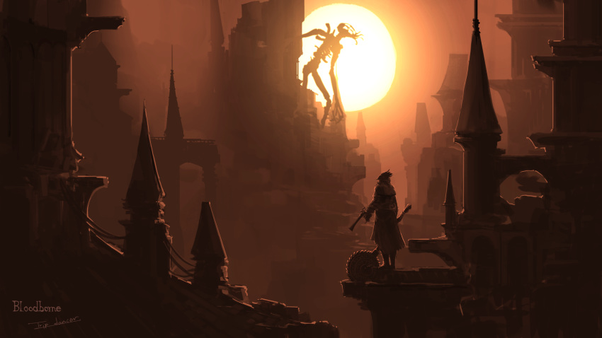 1other ambiguous_gender amygdala architecture bloodborne boots capelet cityscape coat commentary_request creature eldritch_abomination gun hat highres holding holding_gun holding_weapon hunter_(bloodborne) long_sleeves monster scenery standing sun tricorne tripdancer weapon whirligig_saw wide_shot