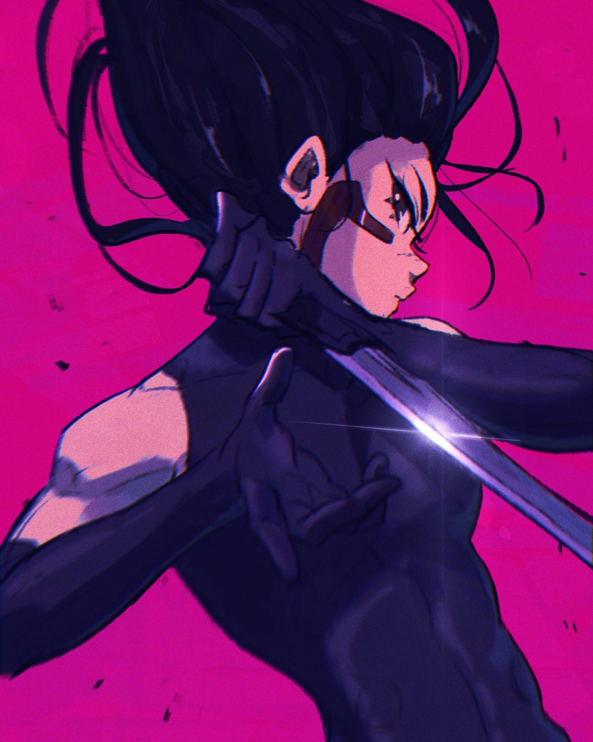 1girl alaylays black_bodysuit black_gloves black_hair bodysuit commentary elbow_gloves english_commentary facial_mark falling gally gloves gunnm highres holding holding_sword holding_weapon pink_background reverse_grip short_sword skin_tight solo sword weapon