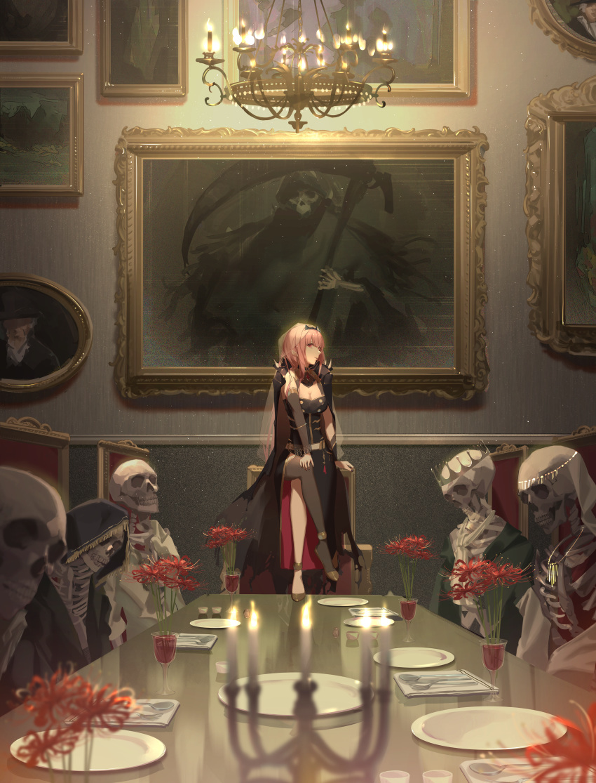 1girl absurdres bangs black_dress blunt_bangs breasts crossed_legs death_(entity) dress grim_reaper highres hololive hololive_english huge_filesize large_breasts long_hair looking_at_viewer mori_calliope oekaki_taro painting_(object) pink_eyes pink_hair sitting skeleton solo spikes table throne tiara veil virtual_youtuber