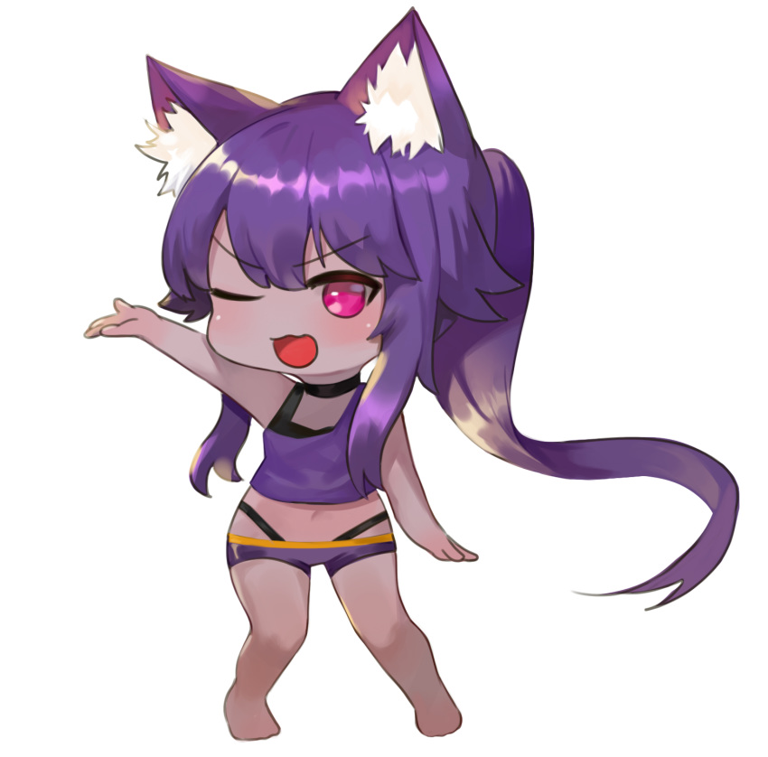 1girl ;d animal_ear_fluff animal_ears bangs bare_arms bare_shoulders barefoot bikini black_bikini black_choker blush breasts chibi choker commission copyright_request crop_top dark_skin dokomon eyebrows_visible_through_hair full_body hair_between_eyes high_ponytail highleg highleg_bikini highres long_hair looking_away navel one_eye_closed open_mouth pink_eyes ponytail purple_hair purple_shorts short_shorts shorts simple_background single_strap small_breasts smile solo standing swimsuit v-shaped_eyebrows very_long_hair white_background