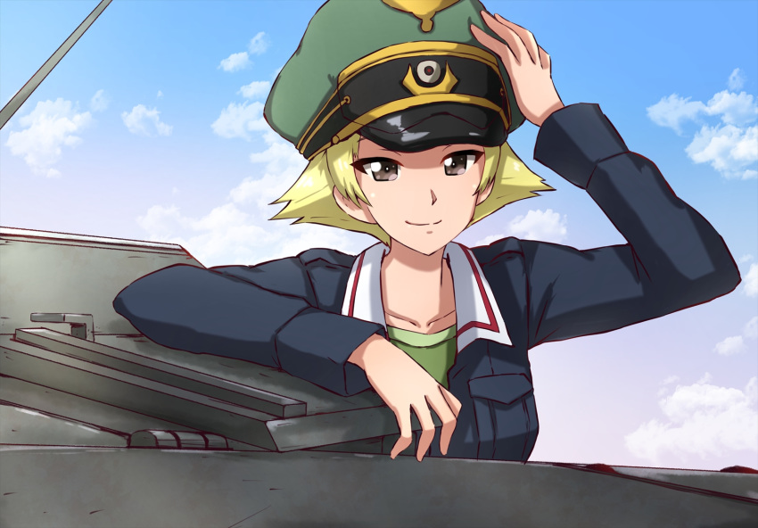 1girl blonde_hair blue_jacket blue_sky brown_eyes closed_mouth clouds cloudy_sky commentary day erwin_(girls_und_panzer) girls_und_panzer green_headwear green_shirt ground_vehicle hand_on_headwear hat highres jacket long_sleeves looking_at_viewer military military_hat military_uniform military_vehicle motor_vehicle omachi_(slabco) ooarai_military_uniform outdoors peaked_cap pointy_hair shirt short_hair sky smile solo tank tank_cupola uniform