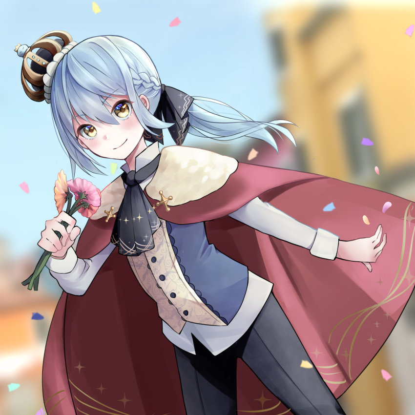 1other androgynous bangs blue_hair blurry blurry_background cape closed_mouth crown eyebrows_visible_through_hair flower hair_between_eyes hair_ribbon highres long_hair long_sleeves looking_at_viewer petals ponytail ribbon rimuru_tempest smile solo spring_tm00oo tensei_shitara_slime_datta_ken yellow_eyes