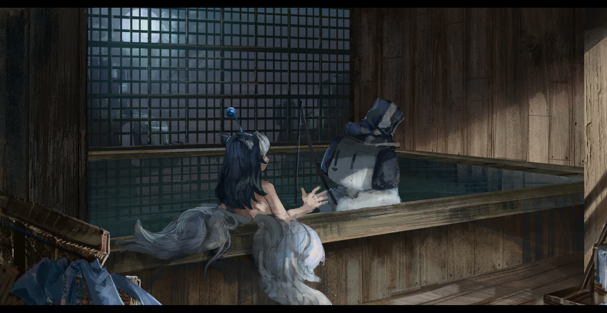1boy animal_ears antennae bathing blue_hair character_request closed_mouth facing_away fishing_rod fox_ears fox_tail from_behind hat highres july_(shichigatsu) male_focus moochasu multiple_tails nude sitting smile solo tail top_hat towelket_wo_mou_ichido two_tails water