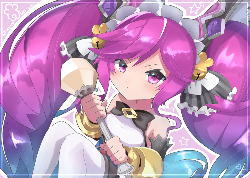1girl absurdres artist_name bare_shoulders bell blue_hair border bow breasts cleo_(dragalia_lost) commentary_request detached_sleeves dragalia_lost eyebrows_visible_through_hair gradient_hair hair_bell hair_bow hair_ornament highres knees_up large_breasts long_hair looking_at_viewer multicolored_hair purple_hair signature solo staff star_(symbol) teru_shine1019o twintails twitter_username very_long_hair violet_eyes watermark white_legwear