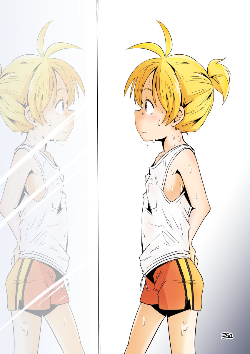1boy artist_request blonde_hair blue_eyes child closed_mouth commentary highres kagamine_len mirror reflection shorts sweat textless vocaloid
