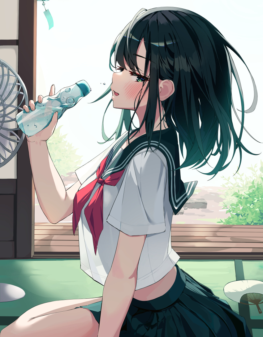 1girl absurdres black_hair black_skirt bottle crop_top crop_top_overhang day electric_fan fan from_side green_eyes hand_up highres holding holding_bottle long_hair looking_at_viewer looking_to_the_side midriff munseonghwa neckerchief open_mouth original paper_fan pleated_skirt sailor_collar school_uniform serafuku shirt short_sleeves skirt solo summer tatami veranda water_bottle white_shirt wind_chime