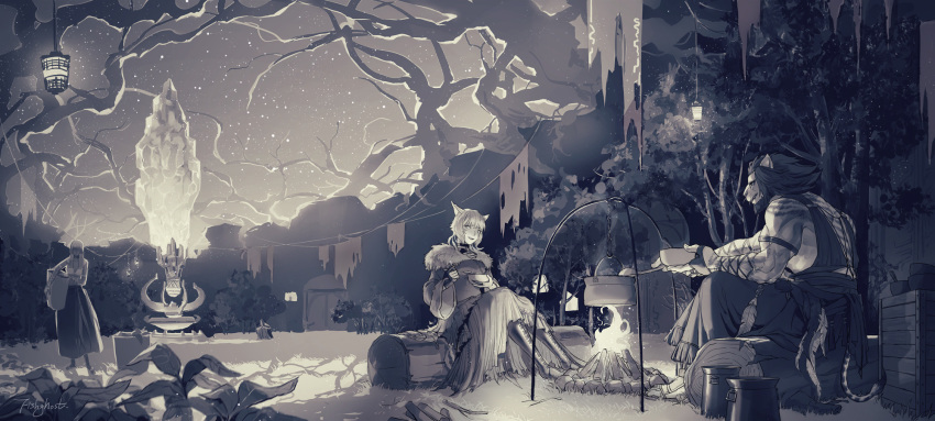 animal_ears bowl campfire cat_ears crystal final_fantasy final_fantasy_xiv fire fishghost fur_trim highres looking_at_another monochrome night plant pot runar scenery sitting sky smile star_(sky) starry_sky y'shtola_rhul