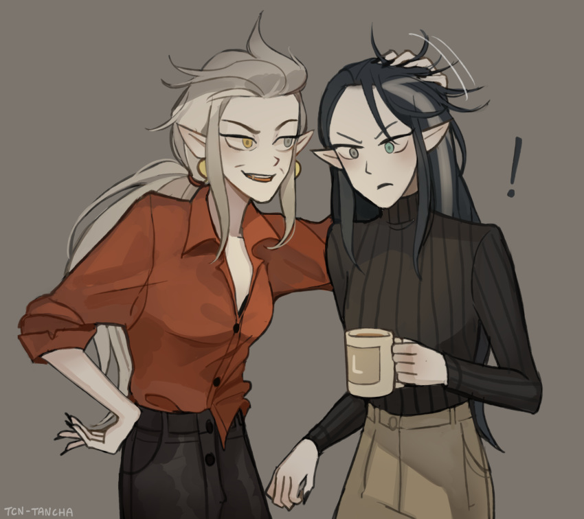 ! &gt;:( 2girls aqua_eyes black_hair black_nails black_sweater collared_shirt cowboy_shot cup dress_shirt earrings edalyn_clawthorne fingernails grey_eyes grey_hair hair_slicked_back hair_tousle hand_in_hair hand_on_another's_head hand_on_hip heterochromia highres holding holding_cup jewelry lilith_clawthorne long_hair long_sleeves looking_at_another low_ponytail mug mug_writing multicolored_hair multiple_girls nail_polish pointy_ears ponytail red_shirt ribbed_sweater sharp_fingernails shirt siblings sidelocks simple_background sisters sleeves_pushed_up spoilers streaked_hair sweater tcn_tancha the_owl_house turtleneck turtleneck_sweater two-tone_hair untucked_shirt wrinkles yellow_eyes