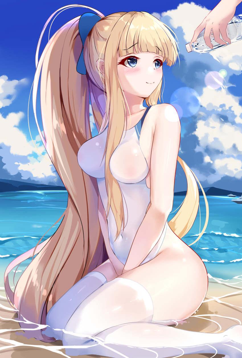 1girl absurdres azur_lane bangs beach between_legs blonde_hair blue_eyes blue_sky blunt_bangs bottle breasts clouds commentary_request day dongyue_sakura eyebrows_visible_through_hair hair_ribbon hand_between_legs highres holding holding_bottle icarus_(azur_lane) long_hair looking_at_another medium_breasts mountainous_horizon ocean one-piece_swimsuit outdoors ponytail ribbon sitting sky smile swimsuit thigh-highs very_long_hair wariza water_bottle white_legwear white_swimsuit