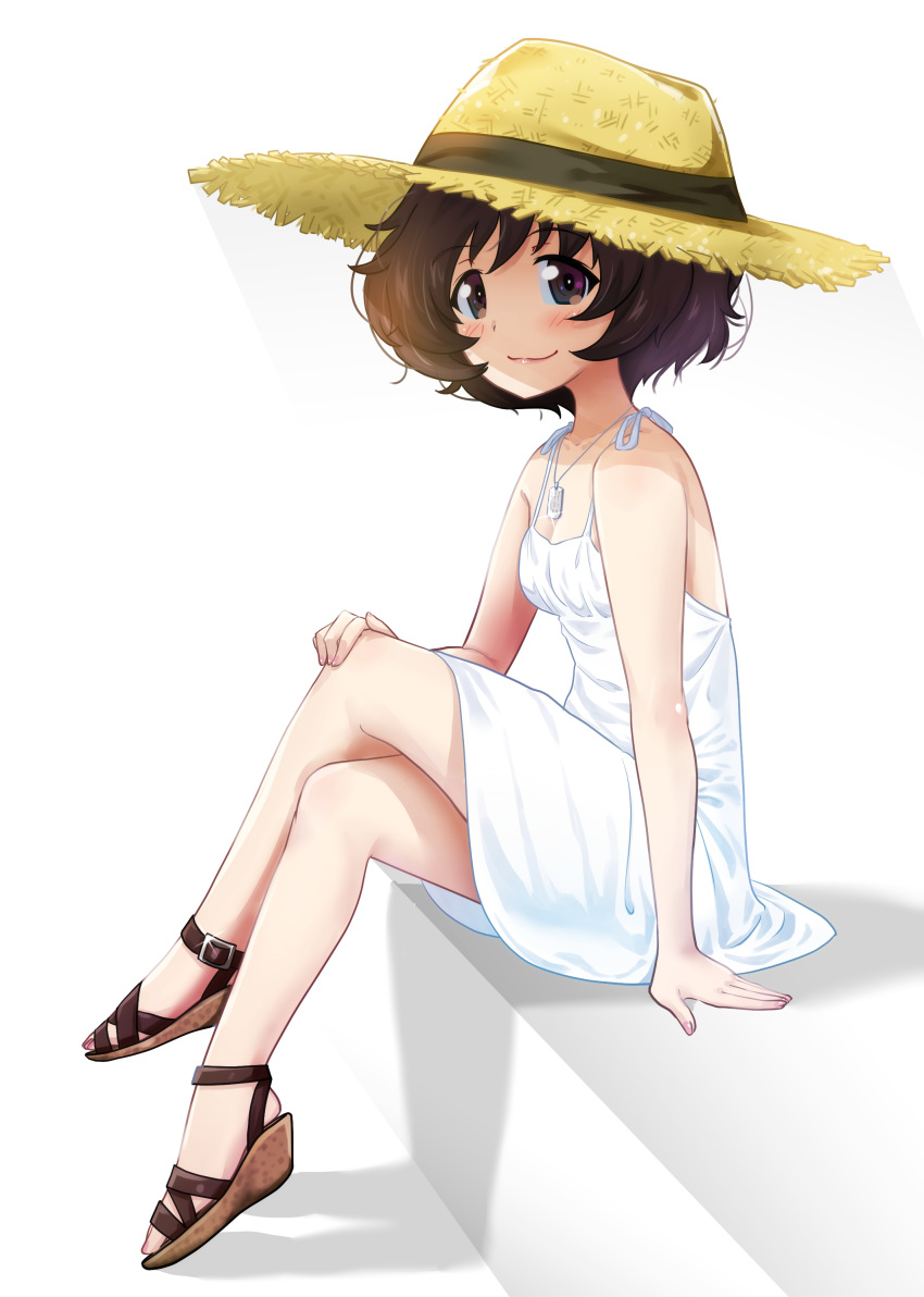 1girl absurdres akiyama_yukari bangs brown_eyes brown_footwear brown_hair casual closed_mouth commentary crossed_legs dog_tags dress excel_(shena) girls_und_panzer hand_on_own_knee hat highres light_blush looking_at_viewer medium_dress messy_hair sandals shadow short_hair sitting smile solo spaghetti_strap straw_hat sun_hat sundress white_background yellow_headwear