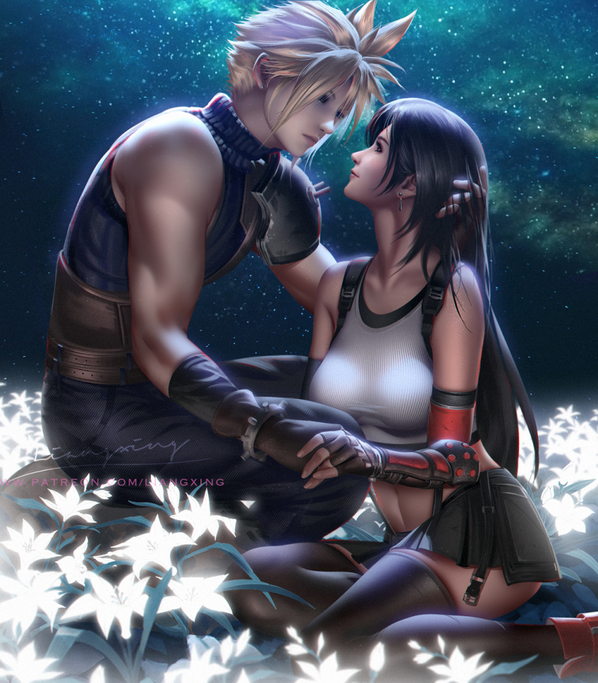 1boy 1girl arm_guards black_hair black_skirt blonde_hair cloud_strife crop_top eye_contact final_fantasy final_fantasy_vii final_fantasy_vii_remake flower glowing hand_on_another's_head highres holding_hands liang_xing long_hair looking_at_another low-tied_long_hair night pleated_skirt skirt sleeveless sleeveless_turtleneck spiky_hair suspender_skirt suspenders tank_top tifa_lockhart turtleneck white_tank_top