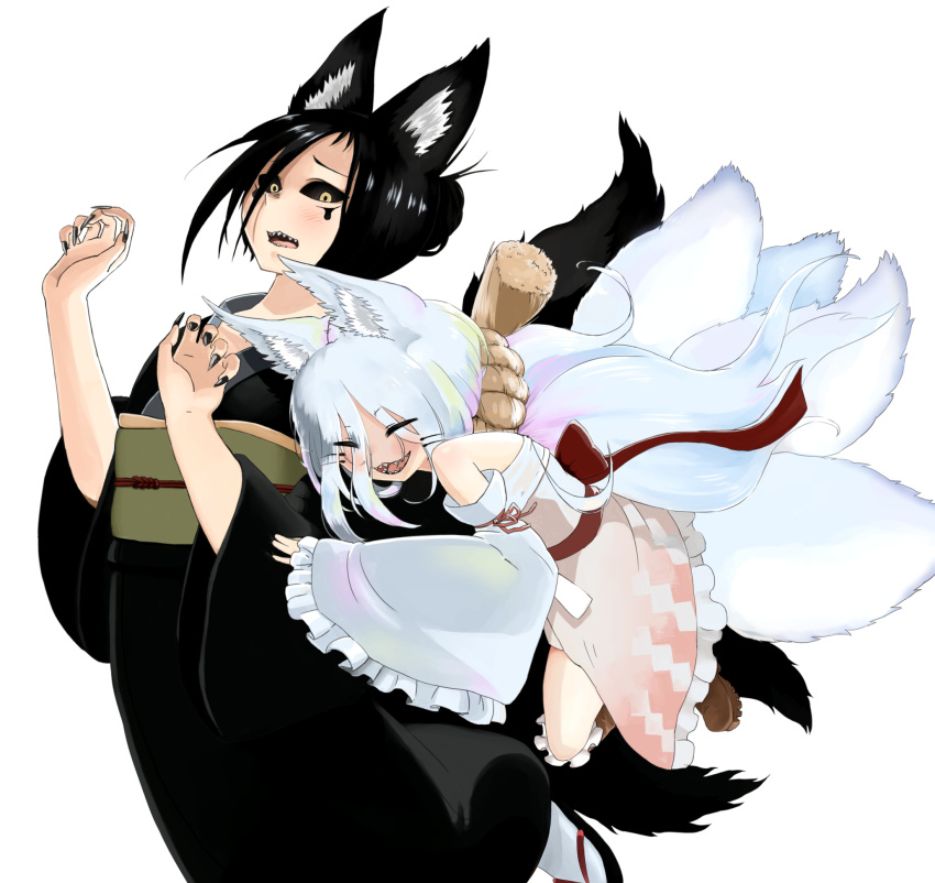 2girls :3 :d animal_ear_fluff animal_ears bare_shoulders black_hair black_kimono black_nails black_sclera blue_hair blush closed_eyes d: detached_sleeves doitsuken fingernails fox_ears fox_tail green_sash highres hug hug_from_behind japanese_clothes kimono kitsune kitsune_spirit_(doitsuken) long_sleeves multicolored_hair multiple_girls multiple_tails nail_polish obi open_mouth original pink_kimono sash sharp_fingernails sharp_teeth simple_background smile tail teeth whiskers white_background yellow_eyes