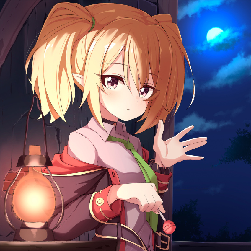 1girl ame. bangs black_jacket blonde_hair blush breasts brown_eyes candy chloe_(princess_connect!) clouds collared_shirt commentary_request eyebrows_visible_through_hair food full_moon green_neckwear grey_shirt hair_between_eyes hand_up highres holding holding_candy holding_food holding_lollipop hood hood_down hooded_jacket jacket lantern lollipop long_sleeves looking_at_viewer moon necktie night night_sky off_shoulder open_clothes open_jacket parted_lips princess_connect! princess_connect!_re:dive shirt sky small_breasts solo twintails upper_body