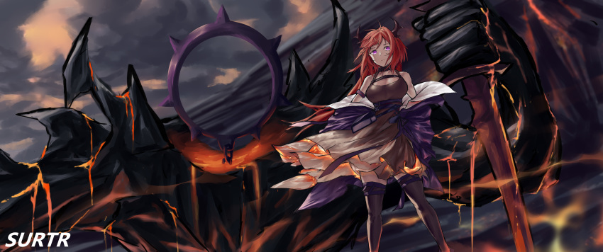 1girl absurdres arknights bangs black_dress black_legwear breasts character_name commentary_request dress feet_out_of_frame highres horns large_breasts long_hair looking_at_viewer redhead solo standing surtr_(arknights) thigh-highs violet_eyes xiaobei