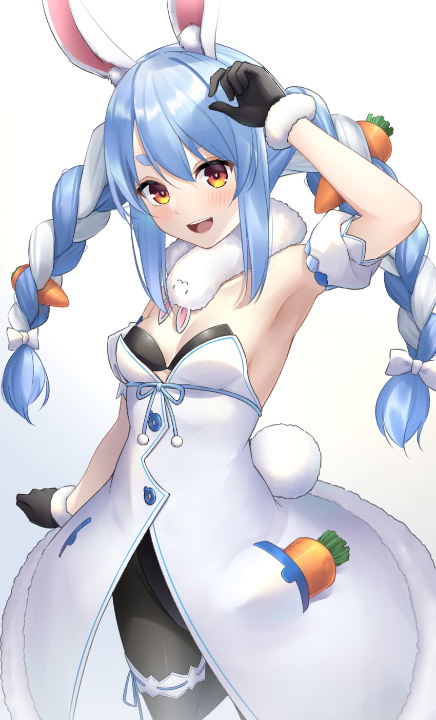 1girl absurdres animal_ears armpits bare_shoulders blue_hair braid breasts bunny_girl bunny_tail bunnysuit carrot commentary_request cowboy_shot eyebrows_visible_through_hair gloves hair_between_eyes highres hololive leotard looking_at_viewer multicolored_hair open_mouth orange_eyes pantyhose rabbit_ears small_breasts solo tail teeth tongue tsurupy twin_braids two-tone_hair usada_pekora virtual_youtuber white_hair